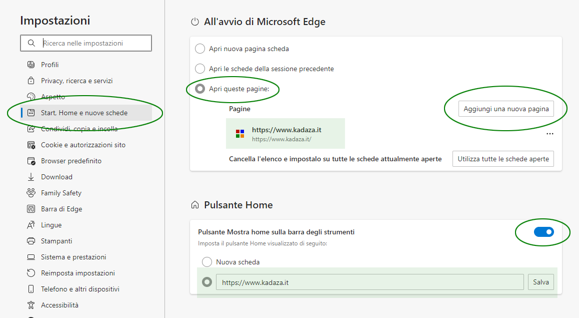 Imposta Kadaza come pagina iniziale e pagina di avvio in Edge